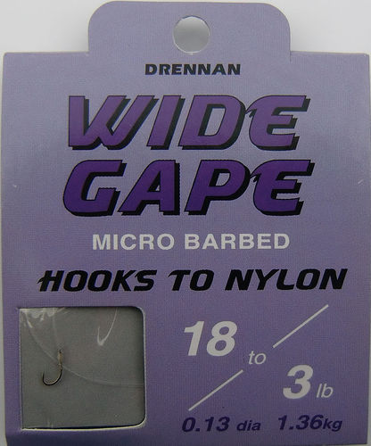 Drennan Wide Gape Haken #18gebunden mit 0.13mm 35cm lang in 8er Pack